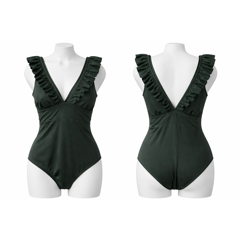 H&M One Piece Swimsuit Women XXL Green Ruffle V-Neck Romantic Coastal 09192057